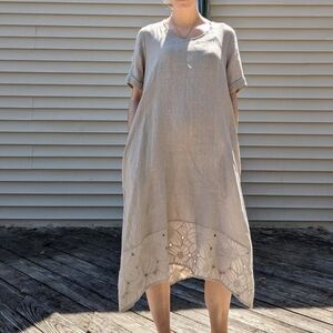Linen Midi Short Sleeve Floral Eyelet Shift Dress